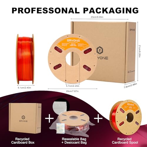 Image of ERYONE Silk Tri Color PLA Filament 3D Printer 1.75mm + /- 0.03mm, Multicolor Filament Tricolor PLA 1KG(2.2lbs) Cardboard Spool, Red Gold Black