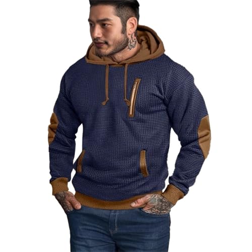 Mens Waffle Hoodies 1/4 Button Vintage Casual Quilted Hooded Sweatshirts with Elbow Patches Tactical Workout Pullover2