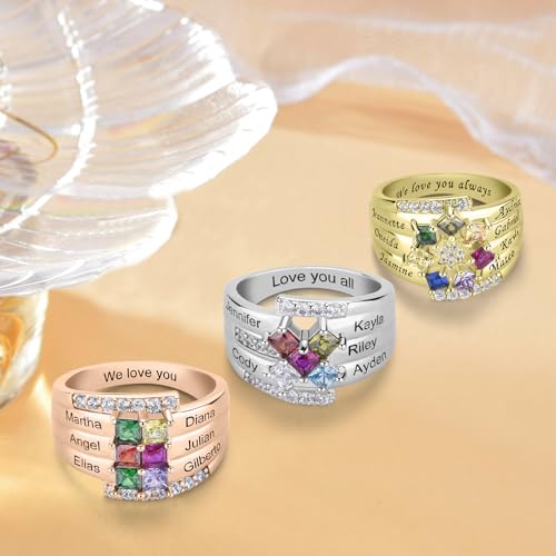 Personalized Sterling Silver Mothers Ring with 1-9 Birthstones for Mom Engraved Name Ring for Women Custom Family Ring for Wife Grandmother Jewelry Gifts Promise Rings for Her4