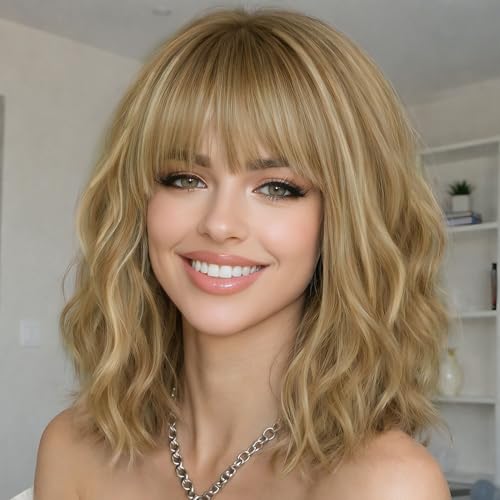 Image of AISI HAIR Curly Bob Wig with Bangs Short Wavy Champagne Blonde Wigs for Women Bob Style Synthetic Heat Resistant Bob Wigs