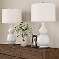 Ceramic Table Lamps - Set of 2 Double Gourd Vintage-Style Accent Lights for Bedroom, Living Room, or Office with LED Bulbs by Lavish Home (White)
