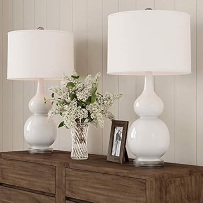 Ceramic Table Lamps - Set of 2 Double Gourd Vintage-Style Accent Lights for Bedroom, Living Room, or Office with LED Bulbs by Lavish Home (White)