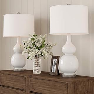 Ceramic Table Lamps ? Set of 2 Double Gourd Vintage-Style Accent Lights for Bedroom, Living Room, or Office with LED Bulbs by Lavish Home (White) (B07R27LJKH)