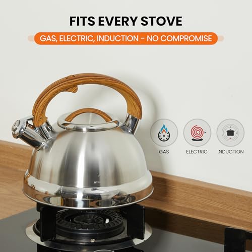 Whistling Tea Kettle for Stovetop 3.1 QT Large Stainless Steel Teapot, Warp Resistant, Wood Pattern Ergonomic Handle – For Gas, Electric, Induction & Ceramic Stove top
