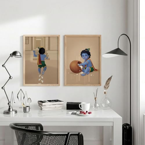 Image of TheMakerly Traditional Indian Wall Painting Set of 2 | Radha Krishna Wall Art Frames | Vintage Religious Wall Decor for Living Room Bedroom Home Temple (KR01, 13x19 inches)
