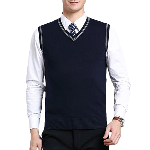 ZUEVI - ZUEVI Men's Sweater Vests V-Neck Sleeveless Knitted Pullover Sweaters Relax Fit Classic Striped Vest Knitwear(Navy Blue-L) - Best Deal on Amazon