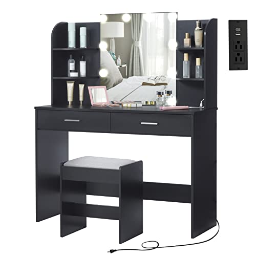 usikey Makeup Vanity Table, Vanity Desk with Lighted Mirror & Charging Station for Christmas Day, Dressing Vanity Tables with 2 Drawers, 6 Shelves, Soft Stool, Bedroom Vanity Desk, Black