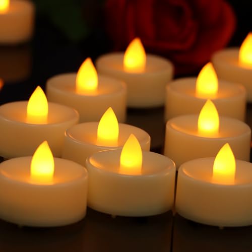 Image of CANDLE CHOICE Battery Operated Flameless Tea Lights Bright Flickering LED Tealight Candles for Wedding Table Centerpieces Halloween Thanksgiving Christmas Decoration Batteries Incl Amber Light 12 Pack