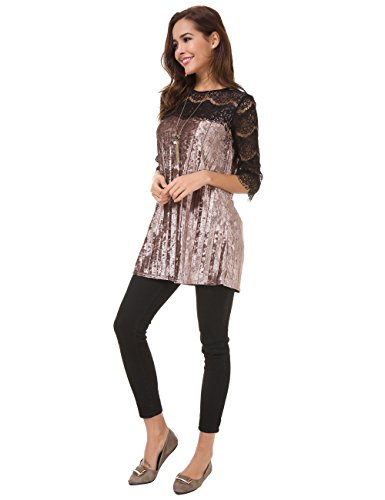 Atnlewhi Womens Mesh Velvet Dressy Tunic Pullover 3/4 Sleeve Lace Cocktail Party Swing Flowy Short Dress Khaki - Thumbnail 2