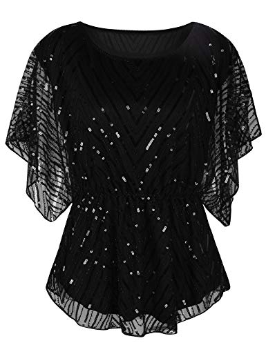 Prettyguide Women's Sequin Blouse Tops Glitter Beaded Evening Formal Party Dressy Tops Black Us8 #TOP1