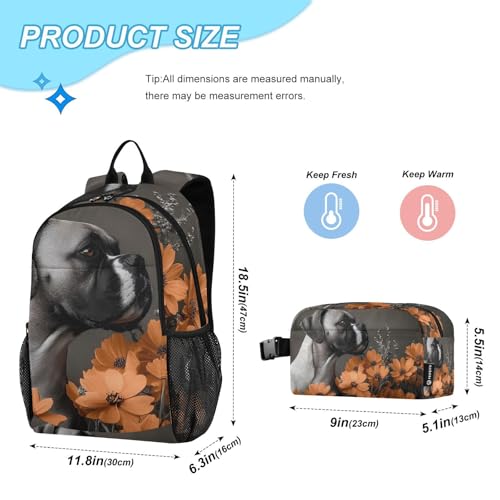 Travel Backpack Lunch Bag Set for Hiking Picnic, Backpacks with Insulated Lunch Box Boxer Dog Floral Print2