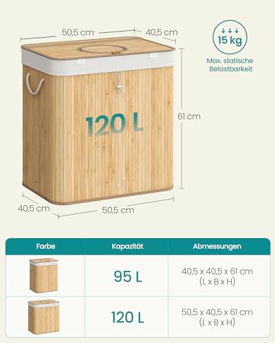 SONGMICS Pfandflaschen-Sammelbehälter, 120 L Pfandflaschen-Behälter, Bambus, Flaschensammler Leergut, Recycling-Behälter, mit Loch, Deckel, Innensack mit Griffen, Küche, naturbeige RRB012Y01