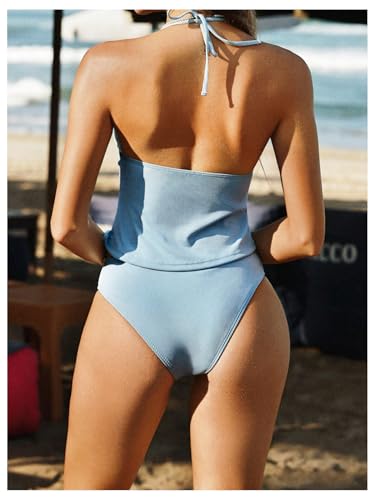 MakeMeChic Women's Tankini Swimsuit Halter Triangle Tie Back Tummy Control Bathing Suit2