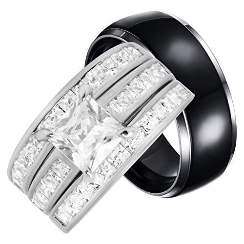 His and Hers TRIO Wedding Rings Set Sterling Silver Titanium Matching Bands for Him and Her