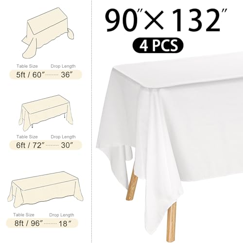 Image of 4 Pack Rectangle Tablecloth 90x132Inch White Washable Polyester Table Cover for Wedding Dining Table Buffet Parties Banquet Decoration(White)