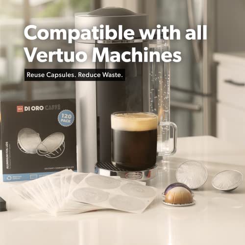 All-New Di Oro Caffè Reusable Coffee Pod Lids Compatible For Nespresso Vertuoline Machines To Reuse Vertuo Coffee Capsules - 62Mm Cover Seals For Refillable Pods - Aluminum Foil Lids (120 Pack) #TOP4