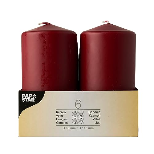 PAPSTAR Unscented Pillar Candles 2.5x4.5 Inch Set of 6 | European Made Premium Quality 25h Burning Time | Dripless, Smokeless Household Dinner, Party Candles - Burgundy Red