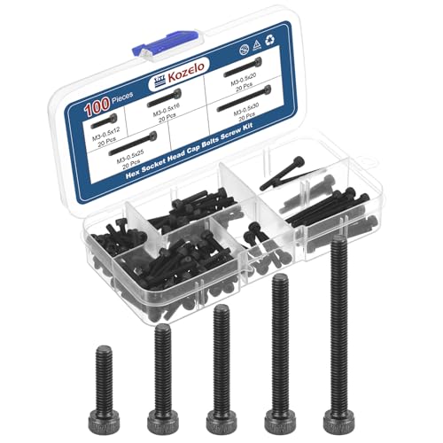 Kozelo 100pcs M3 Socket Head Cap Screws Bolts Nuts Assortment Kit - [M3x12/16/20/25/30mm] Alloy Steel Fully Threaded Black Oxide 12.9 Internal Hex Screw for 3D Printer Use