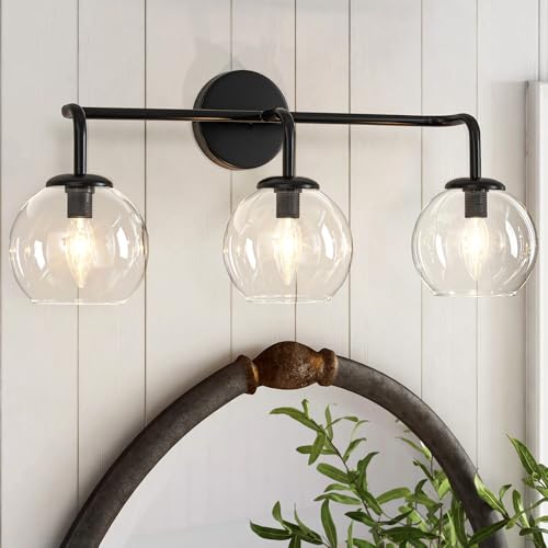 Image of Industrial Vanity Light Fixture, 3-Light Matte Black Farmhouse Globe Glass Bathroom Wall Sconce Lighting, E12 Base
