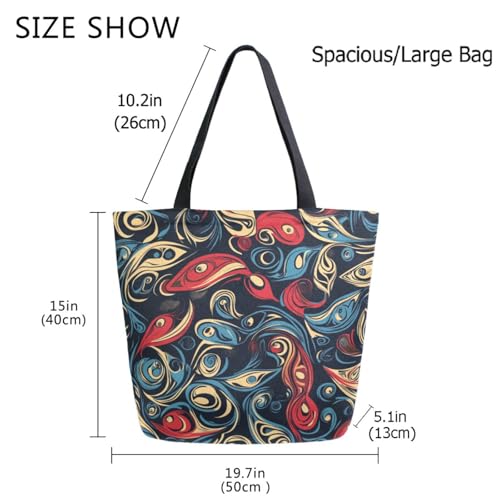 Ethnic Blue Red Decorative Fish Extra Large Canvas Gym Shoulder Tote,Durable Daily Reusable Top Handle Bag for Mens Womens Yoga Weekender Picnic Beach Travel Market Shopping3