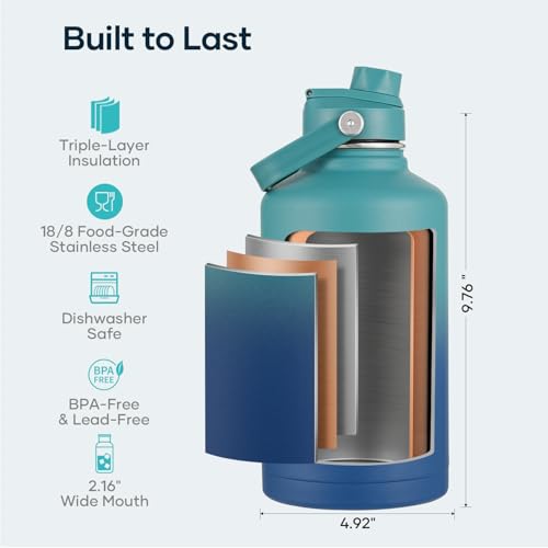 Image of BUZIO 64 oz Insulated Stainless Steel Water Bottle with Dust-proof Lids
