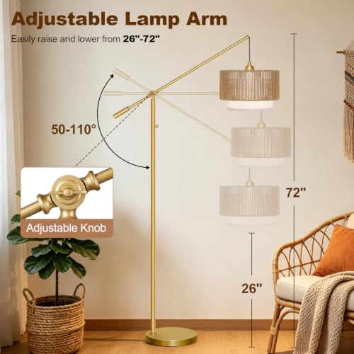 Image of 【Upgraded】Boho Dimmable Floor Lamps with Adjustable Swing Arm, 1100 Lumens Bulb Included, Modern Standing Lamp with Rattan & Fabric Shades, Farmhouse Tall Arc Floor Lamp for Living Room Bedroom, Gold
