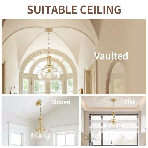 Image of KARTOOSH Gold Chandelier Kitchen Pendant Lighting Over Island | Rustic Farmhouse LED Ceiling Pendant Light with Clear Glass Shade Shade for Kitchen Island Dining Room Foyer Entryway