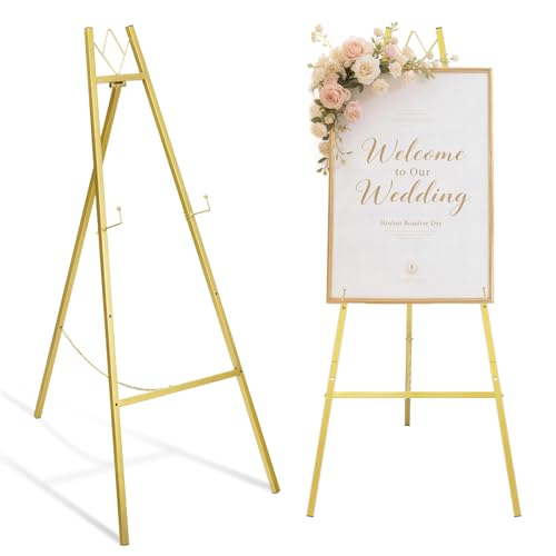 GRENTY 46.7" Gold Easel Stand for Wedding Signs – No Assembly Needed, Heavy Duty Metal Display Stand for Art, Welcome Signs, Posters, Pictures, Paintings, and Floor Décor