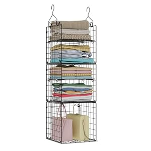 X-cosrack Hanging Closet Organizer and Storage – 5-Tier Closet Storage Organizer Baskets for Clothes & Adjustable Collapsible Metal Closet Hanging Organizer Shelves for Sweaters Shoes Handbags