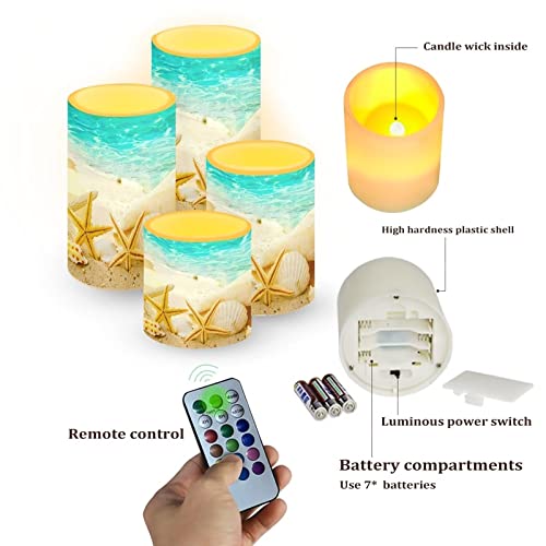 Image of Beach Starfish Seashell Flameless Light Candles Battery Powered with Timer Remote Color Chaging Pillar Fake Candles Pack of 4 for Wedding Home Outdoor Decor