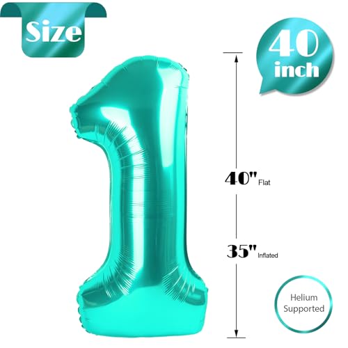 Image of 40 Inch Teal Blue 1 Balloon for First Birthday, 1st Number Balloons Birthday Decorations, One Giant Number 1 Balloon