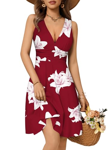 Image of OURIN Women's Spring Deep V Neck Sleeveless Floral Sundresses with Pockets Flowy Summer Dresses for Women