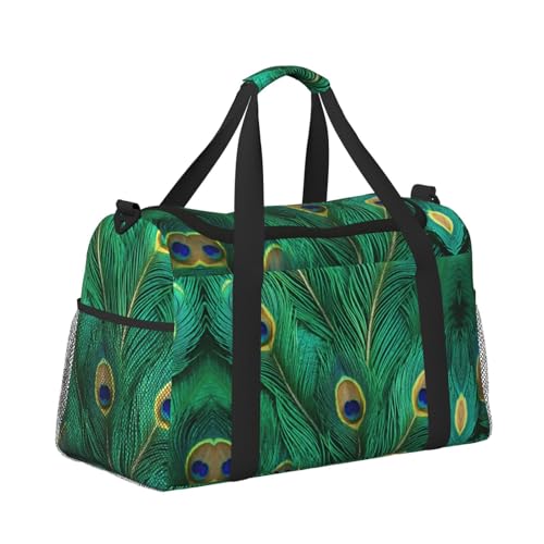 Green Peacock Feather Foldable Travel Duffel Bag Tote Carry On Luggage Bag For Weekend Getaways, For Spontaneous Trips3