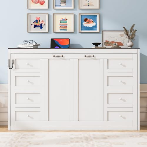 Twin Size Murphy Bed with Desk & 7-Color LED Light, Foldable Wall Bed Cabinet, White and Brown Wood Frame with Hydraulic Lift, Space-Saving Design for Small Rooms, No Box Spring Required by Noble House Home Furnishings - Image 4