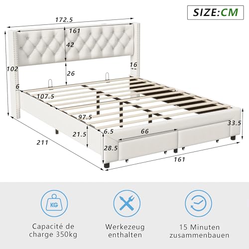 Fofetbfo Gepolstertes Doppelbett, 160 x 200 cm, mit 2 Schubladen, Bett 160 x 1200 cm mit Lattenrost, gepolstertes Kopfteil mit LED und USB, Funktionsbett mit Latten, für Erwachsene, Doppelbett, Beige – Bild 3