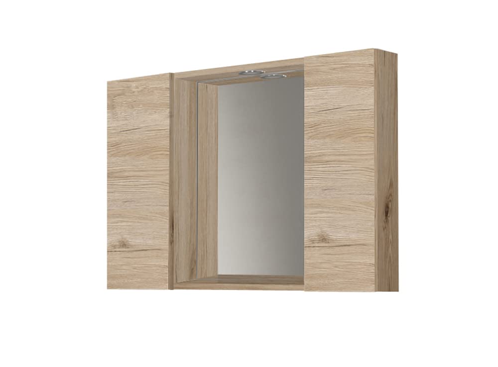 Mama Store SPECCHIERA Bagno con 2 VANI Contenitore e Luce LED-Quercia Naturale, L. 81 CM X P. 16 CM X H. 60 CM