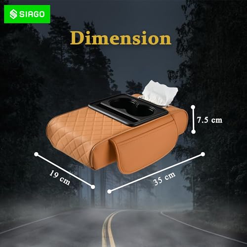 Image of SIAGO SIA399 Premium Car Armrest Cover | 5-in-1 Center Console Organizer with Cup Holder, Phone Slot, & Storage Bags | Anti-Slip PU Leather Cushion for Sedans & SUVs (Tan)