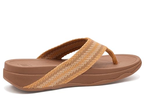 Image of FitFlop, Womens, Surfa Stripe-Webbing Toe-Post Sandals, Turmeric /Classic Tan Mix, 8.5, Medium