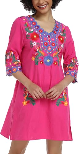 Image of YZXDORWJ Women Embroidered Mexican V Neck Floral Dress Long Sleeve Floral Traditional Bohemian Dress