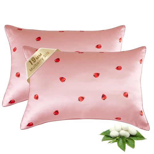 Image of THXSILK Set of 2 Pink Strawberry Heart Pattern Mulberry Silk Pillowcase for Hair and Skin, King Size 20 inchx36 inch