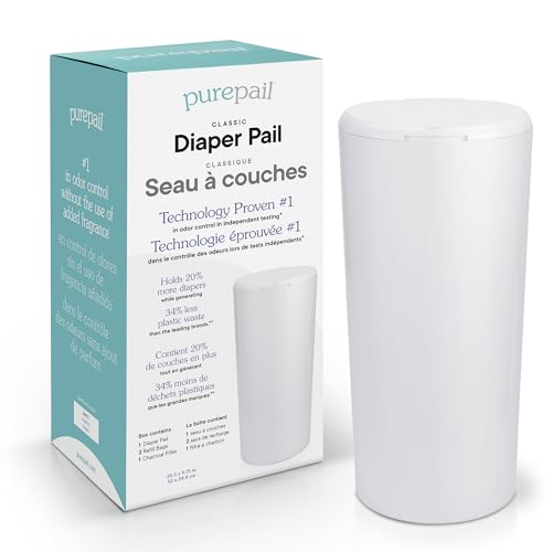 Image of Classic Diaper Pail – White, Blocks Odors with No Added Fragrance, Holds 20% More Diapers & Generates Less Waste, No Cutting, No Canisters, Includes 1 Pail + 2 Refill Bags + 1 Charcoal Filter