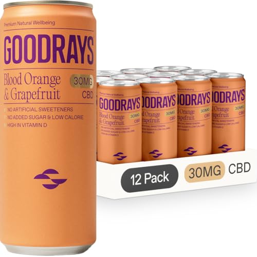 GOODRAYS CBD Drinks Sparkling Low Calorie Soft Drink Vegan Blood Orange & Grapefruit 12 x 250ml Cans Packaging May Vary