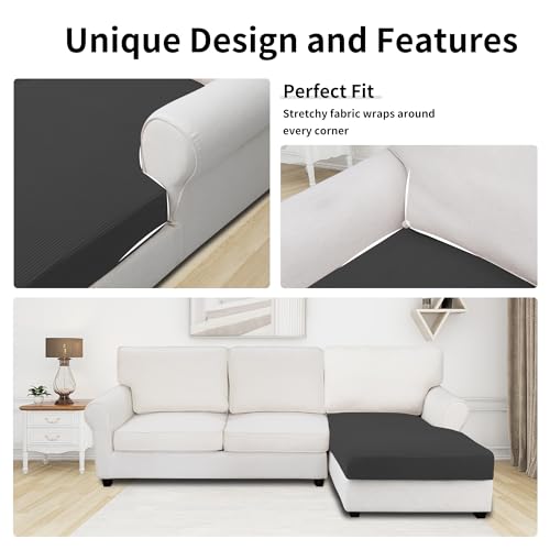 Image of Easy-Going Stretch 1 Piece Chaise Lounge Cushion Slipcover | Sectional Couch Covers L Shape Separate Cushion Couch Seat Chaise Cover for Both Left /Right Sectional Couch Dark Gray