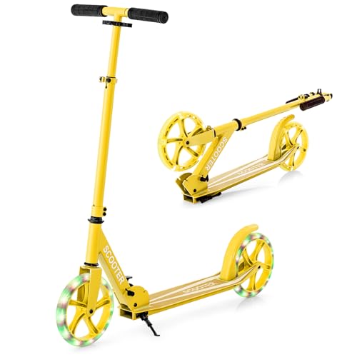 COSTWAY Scooter Plegable Altura Ajustable Carga de Capacidad 100kg Patinete con 2 Ruedas Luminosas para Niños Mayores de 10 Años (Amarillo)