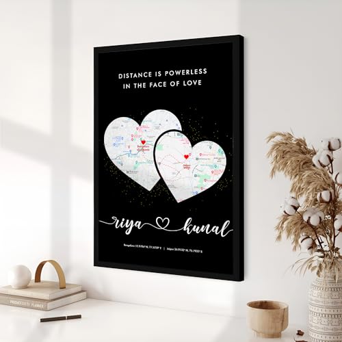 Image of Ritwika's Personalized Picture Frame With Long Distance Map Black - Customize With Your Name, Message And Place | For Couples and Friends | In Two Size 9.5 x 13.5 & 13.5 x 19.5 Inch, Set of 1