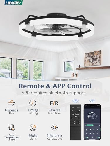 Image of LEDIARY 24 inch Ceiling Fans with Lights and Remote, Modern Low Profile Ceiling Fan, 3 CCT, Stepless Dimmable, Fandelier Flush Mount Fan Light, 6 Speeds, DC Motor, App & Remote Control for Bedroom(Black)