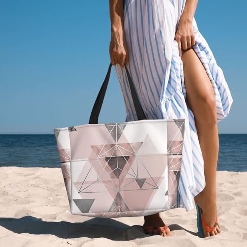 Grand sac de plage rose blush et gris géométrique chic