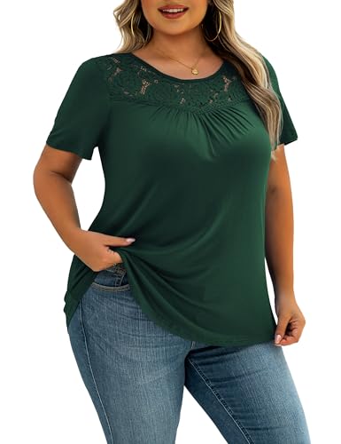 Ahlaray Plus Size Tops Short Sleeve Shirts Lace Trim Pleated Tunic Blouses for Women 2X, Dark Green