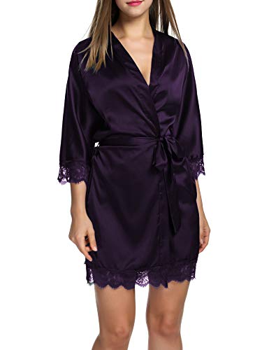 Hotouch Women's Pure Color Short Satin Kimono Robes with Oblique V-Neck Bridesmaid Wedding Party Dressing Gown XS-XXL (L, Deep Purple)
