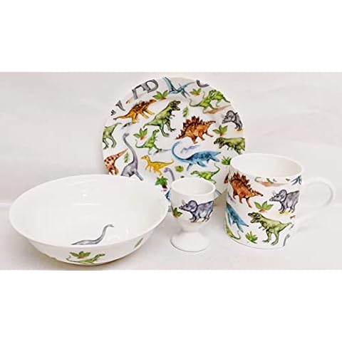 Rainbow Decors Dinosaurs Breakfast Set 4 Pieces Plate Mug Cereal Bowl & Egg Cup Fine Bone China Kids Children Set Dinos Collage Hand Decorated UK, White Cover